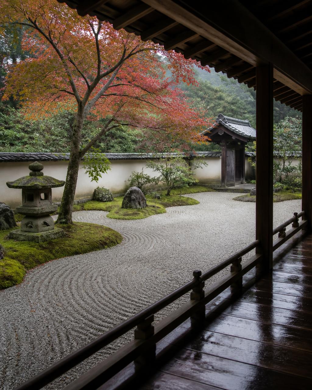 Raked gravel zen garden seen from a wooden corridor