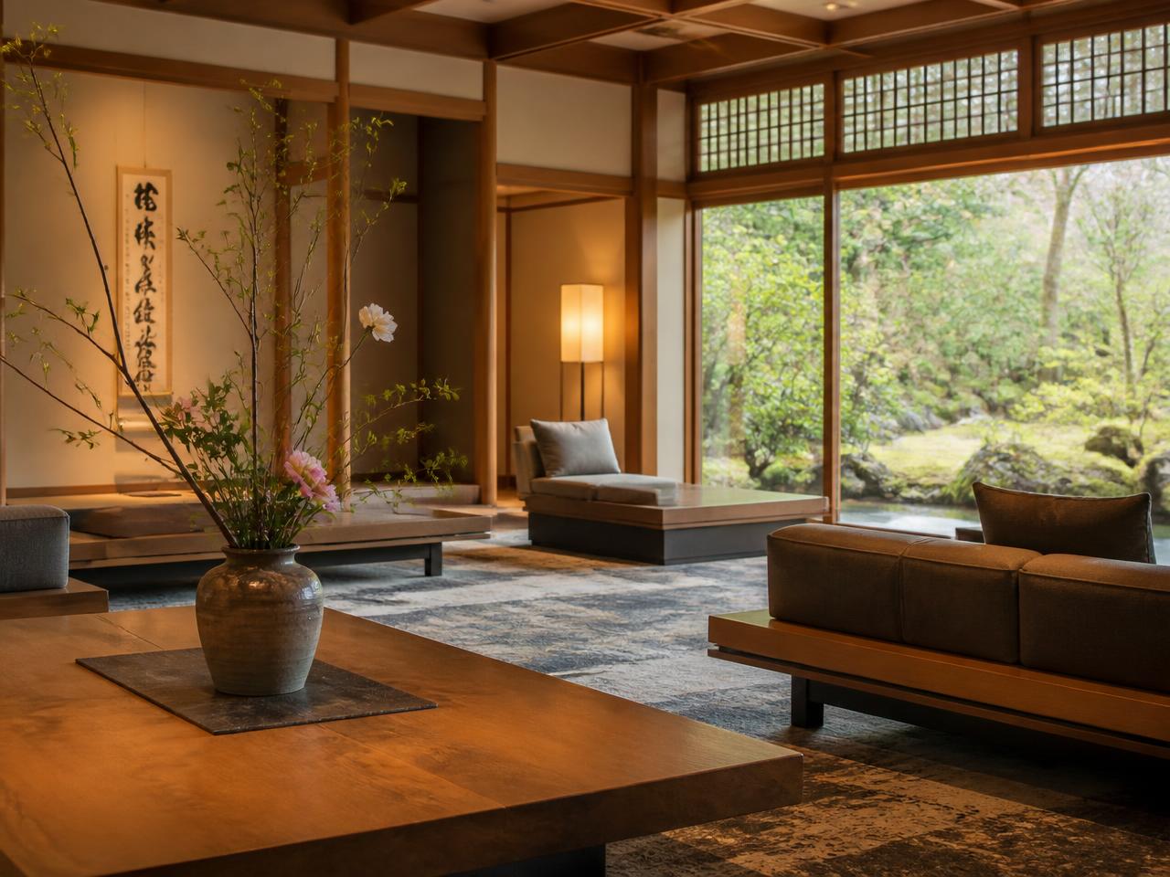 Ryokan lounge with wooden beams and garden window
