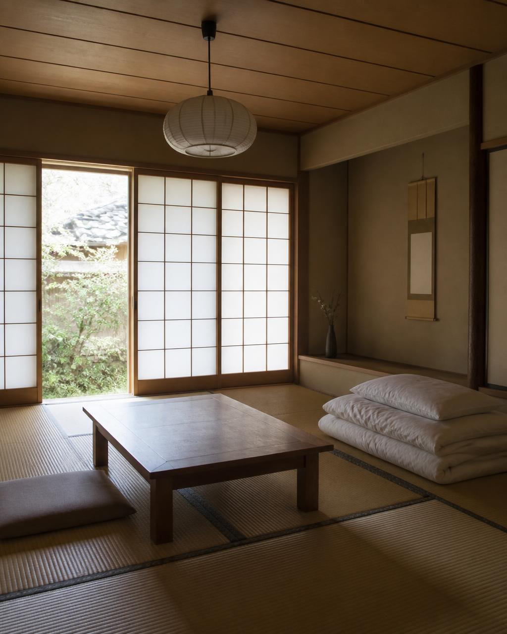 Tatami guest room with shoji screens and morning light