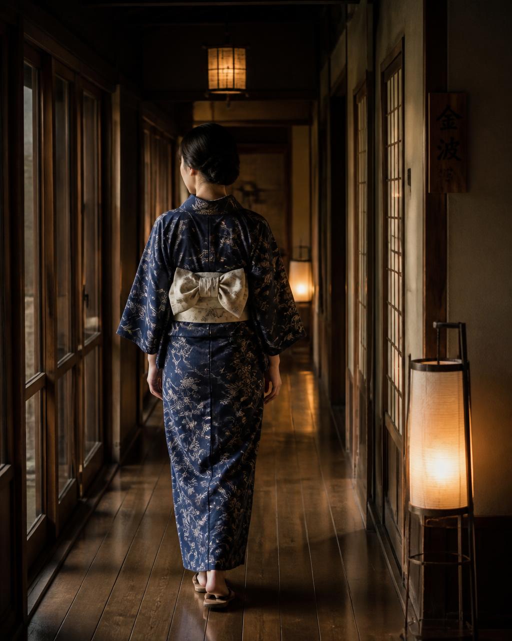 Guest in an indigo yukata walking a lantern-lit ryokan corridor